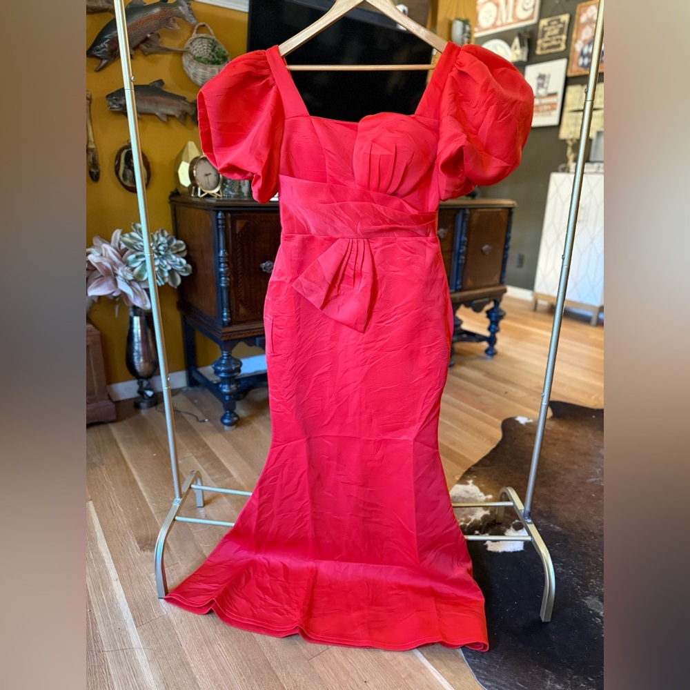 Red Puff-Sleeve Maxi Dress with Waist Bow